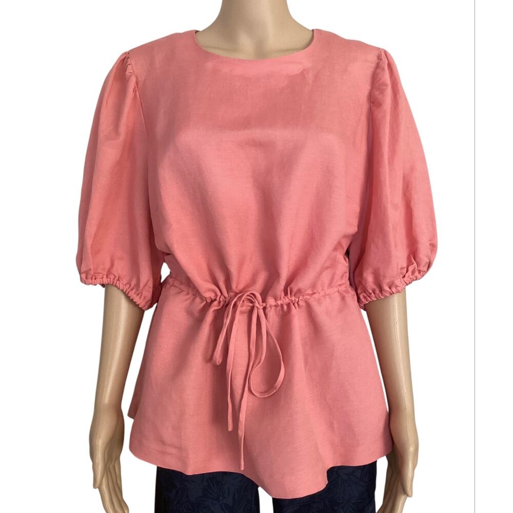 Alfani Pink Linen Rayon Blend Drawstring Waist Puff Sleeve Blouse Top‎ Sz L